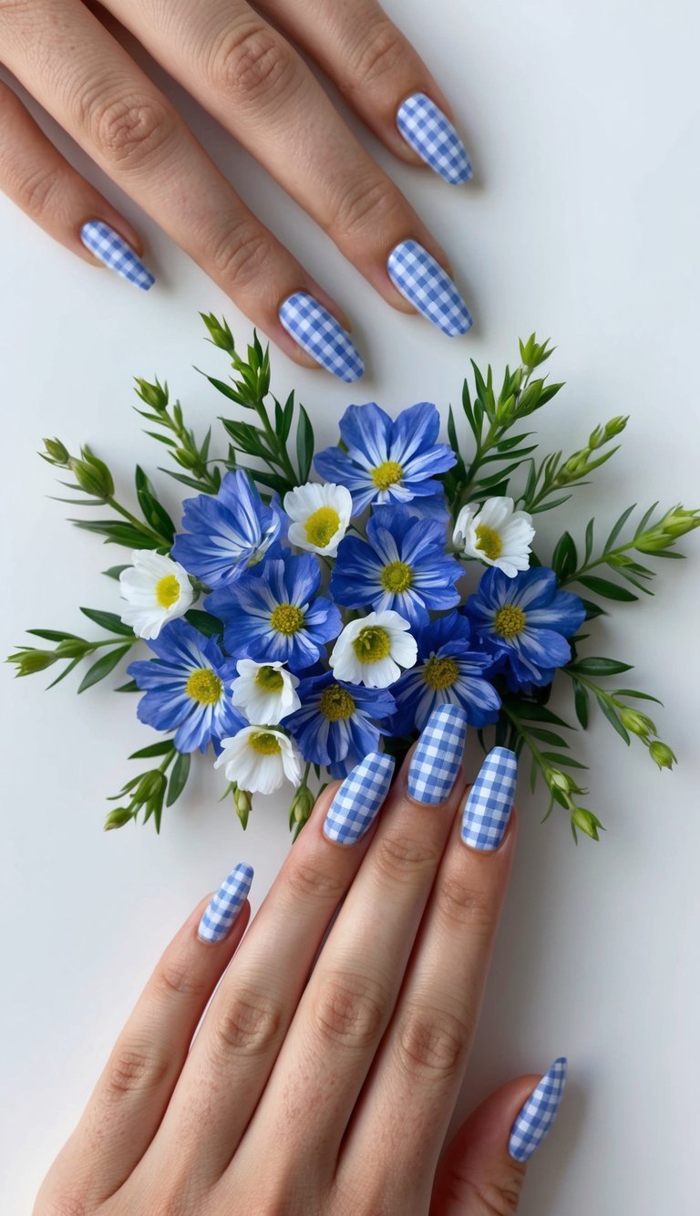 A serene garden with blue and white flowers, arranged in a gingham pattern, set against a clean white background