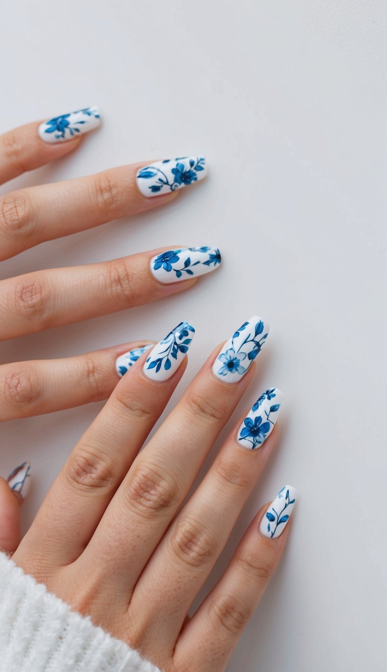 A collection of blue and white floral nail art designs on a clean, minimalist background