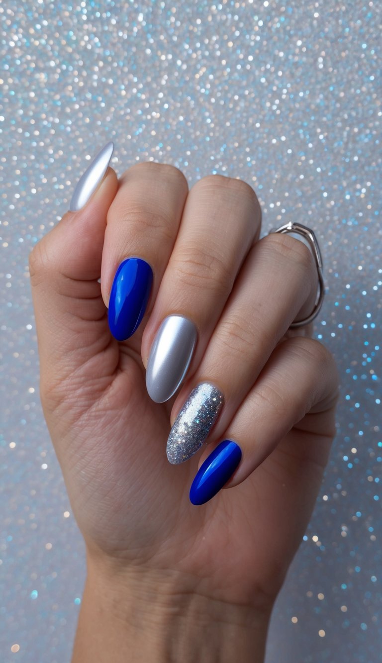 A hand with blue and silver nails against a sparkly background