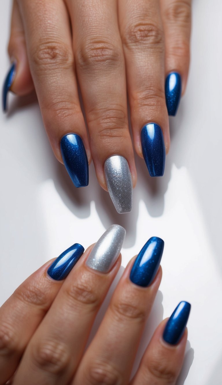 Glossy sapphire blue nails with a single chrome-silver accent nail, offering a minimal and polished take on blue and silver nail art.