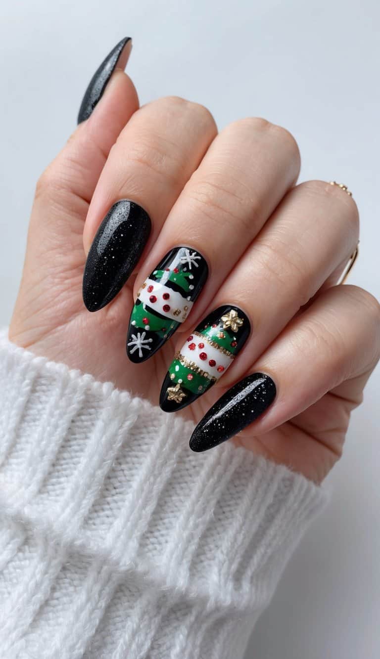 A sparkling black nail adorned with festive Christmas designs