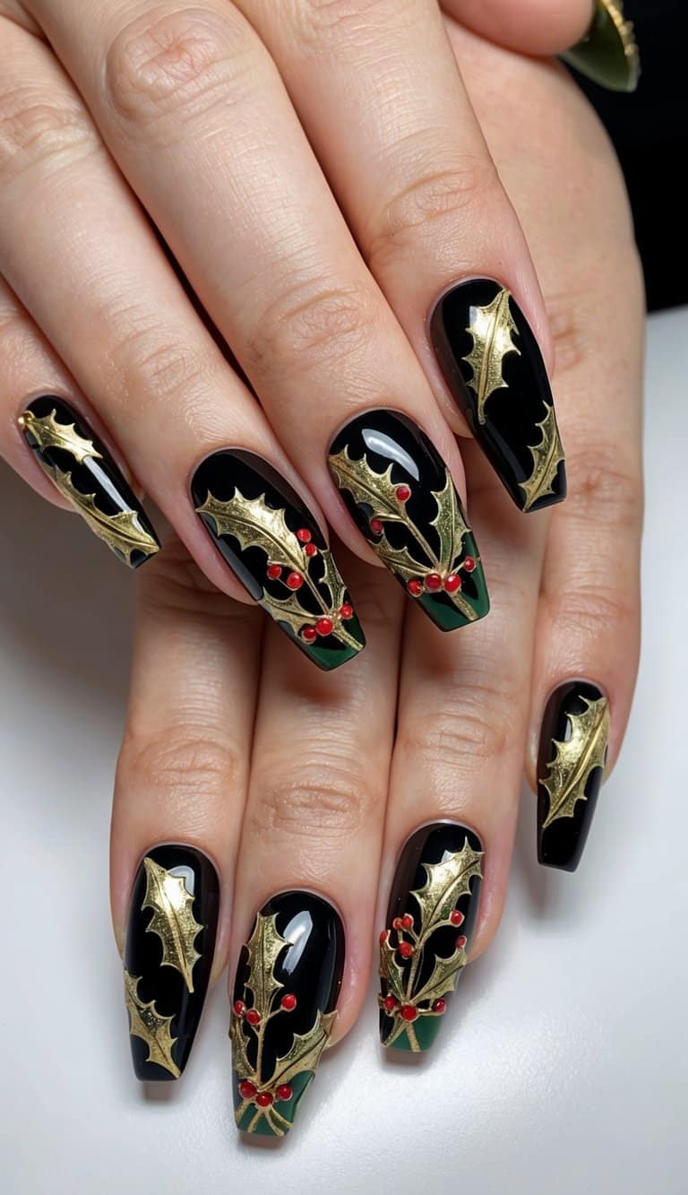 Golden holly leaves and berries adorn black Christmas nail art designs