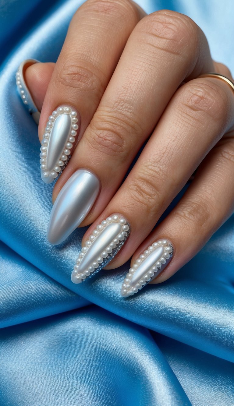 Pearl-trimmed silver chrome nails with a soft blue sheen, offering a sophisticated and bridal-worthy manicure.