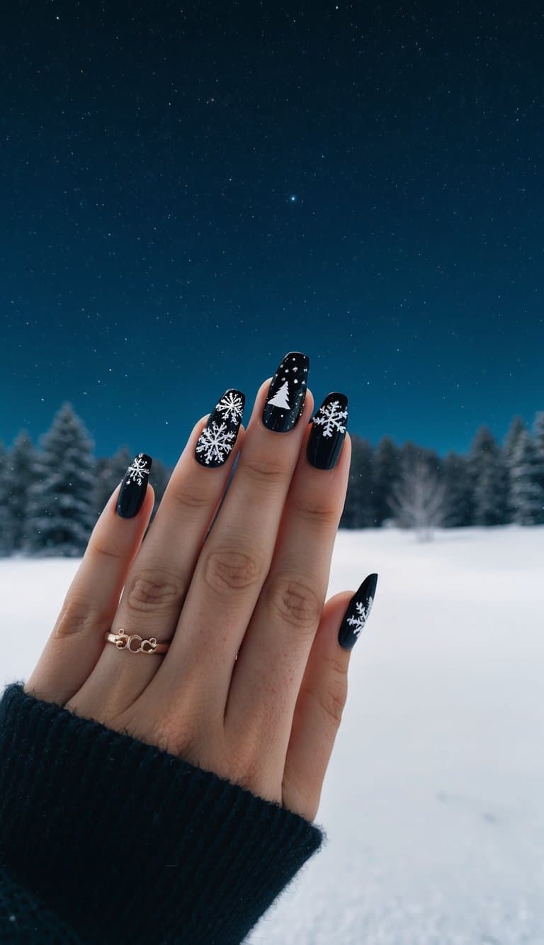 A snowy night scene with black Christmas nail art designs on display