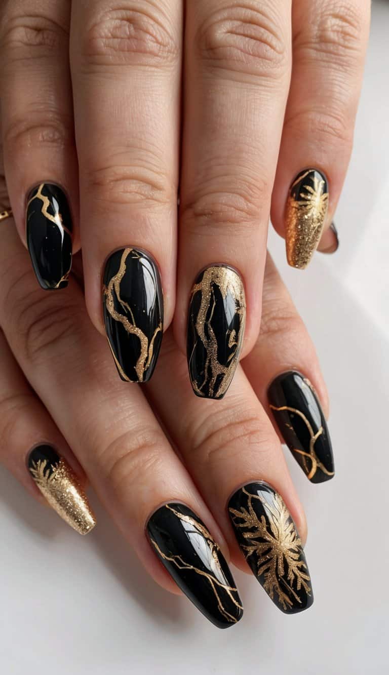 Black marbled nails with gold veins adorned with festive Christmas designs