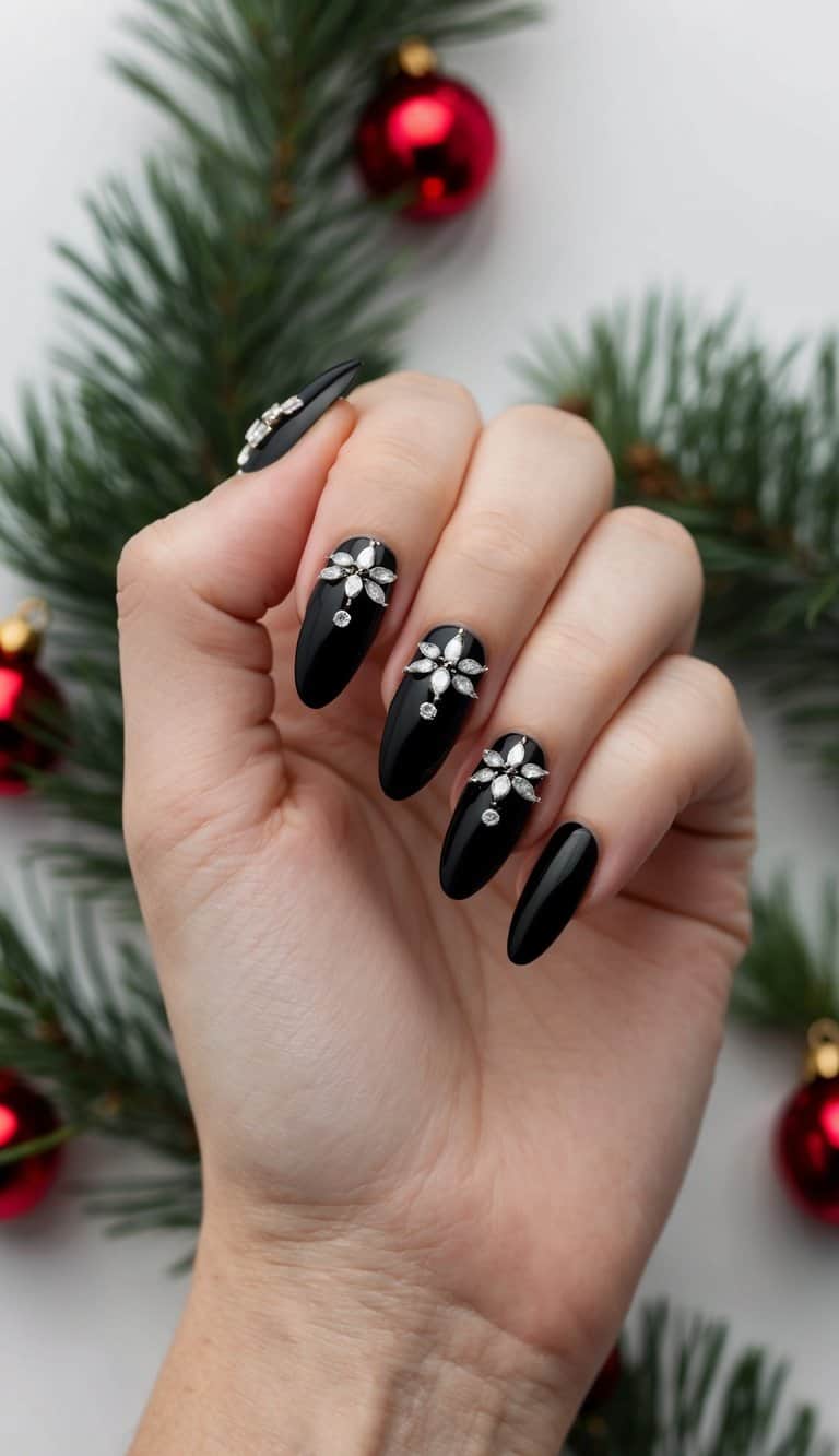 Black nails adorned with mistletoe jewels against a festive background