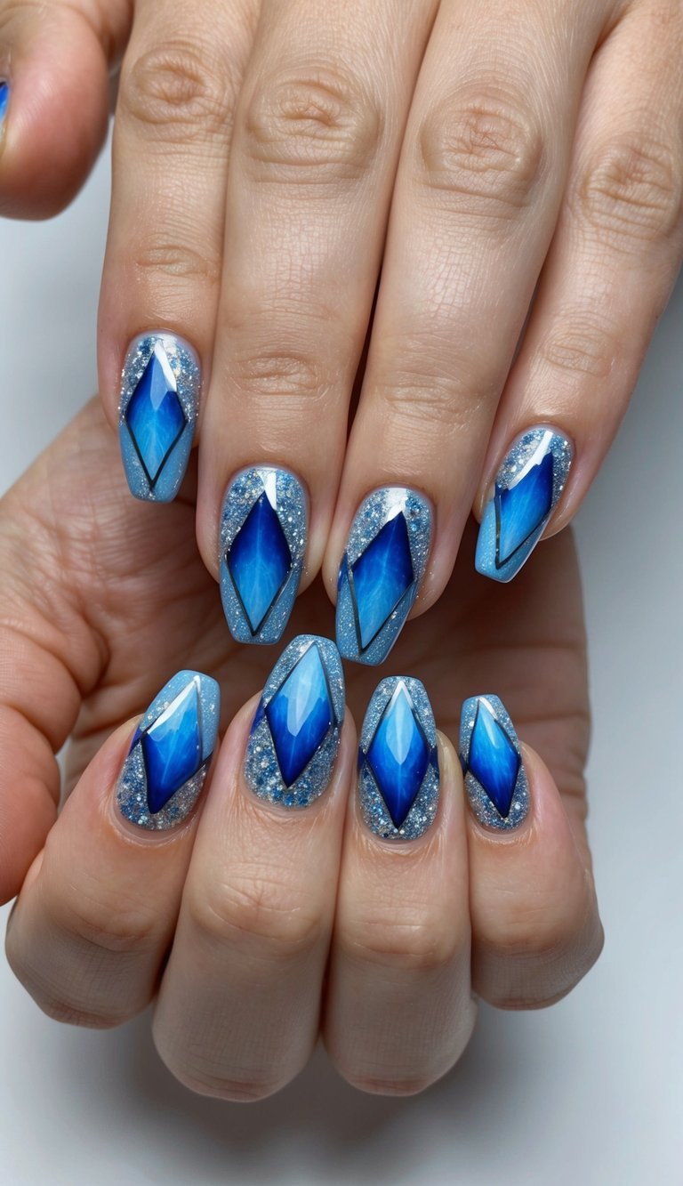 Vivid blue geometric diamonds on a glittering silver base, giving the illusion of gemstones in a glamorous nail art style.