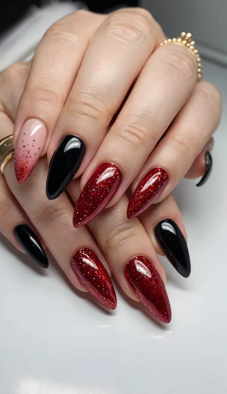 A black and red gradient glitter nail art design with festive Christmas themes