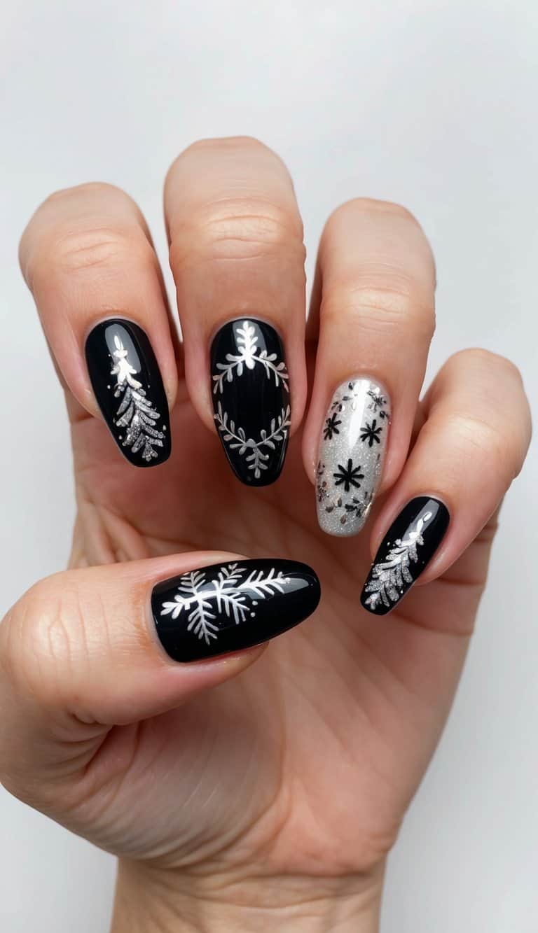 Black nails with silver Christmas designs