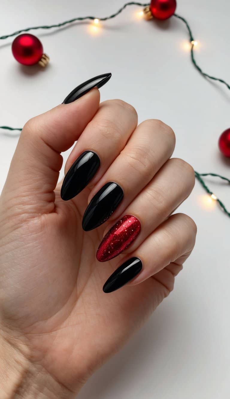 Black nails with red glitter accent nails, shimmering in the festive light