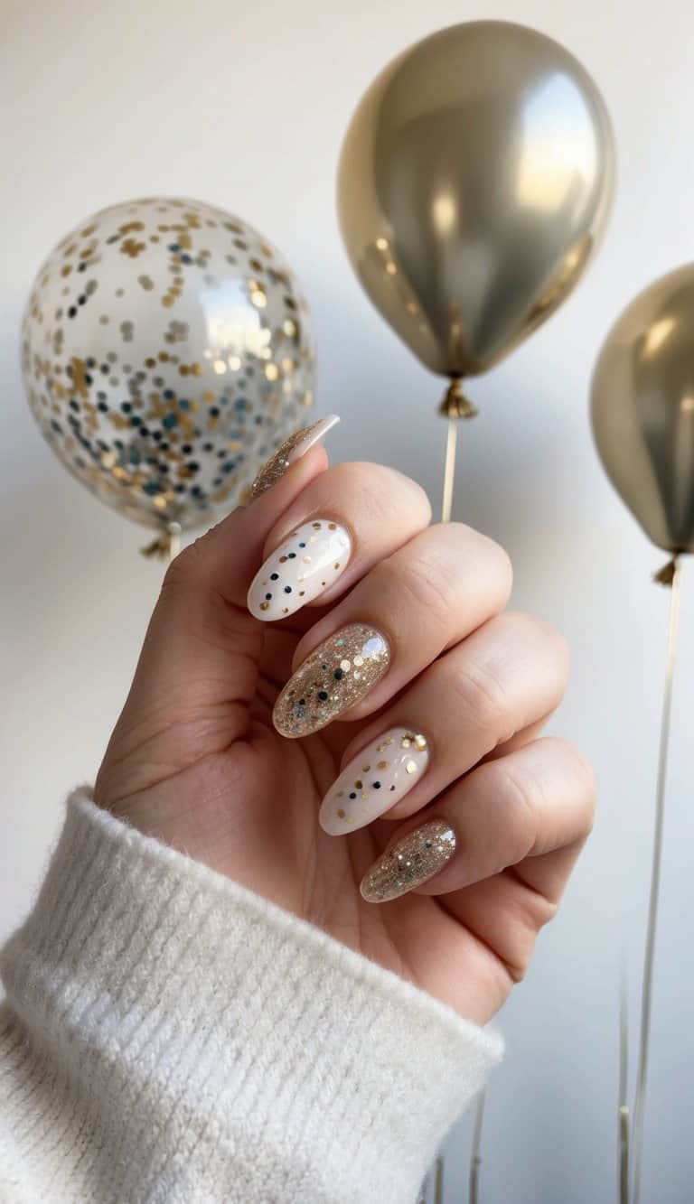 A festive scene with bubbly balloon nail art designs and sparkly accents, capturing the glamour of New Year's celebrations