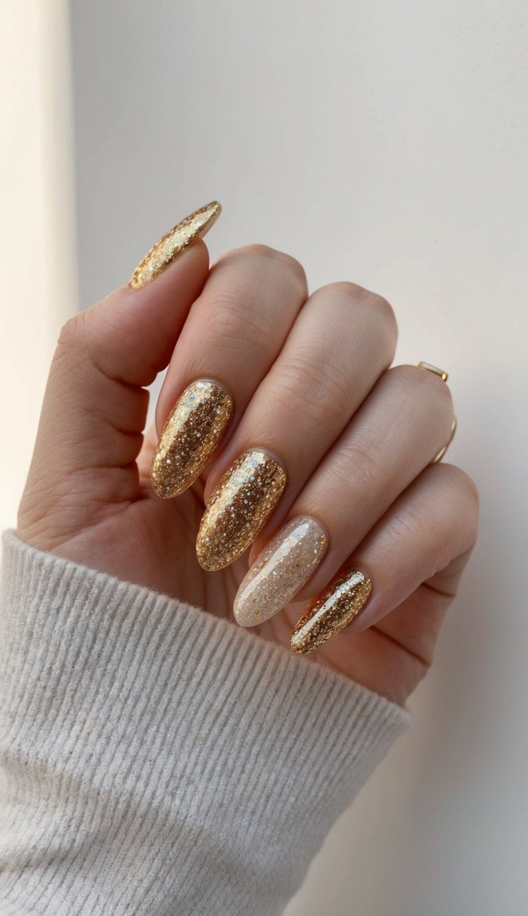A sparkling gradient of golden glitter nails, shimmering under soft lights