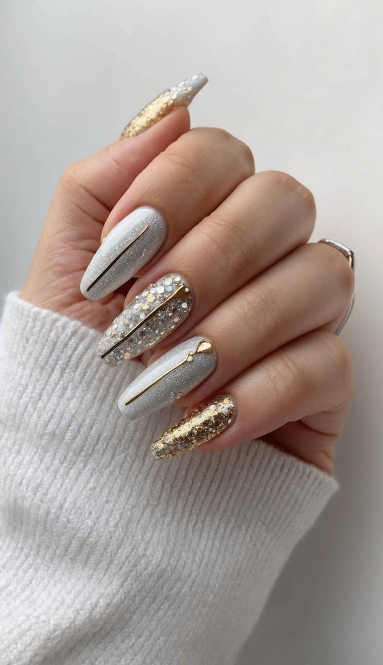 A sparkling silver and gold nail art design with diamond dust accents