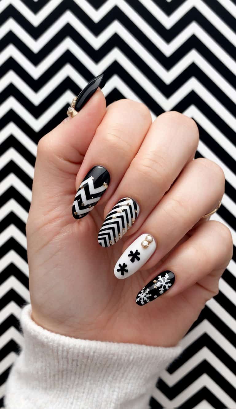 A chic black and white chevron patterned background with 50 festive black Christmas nail art designs displayed