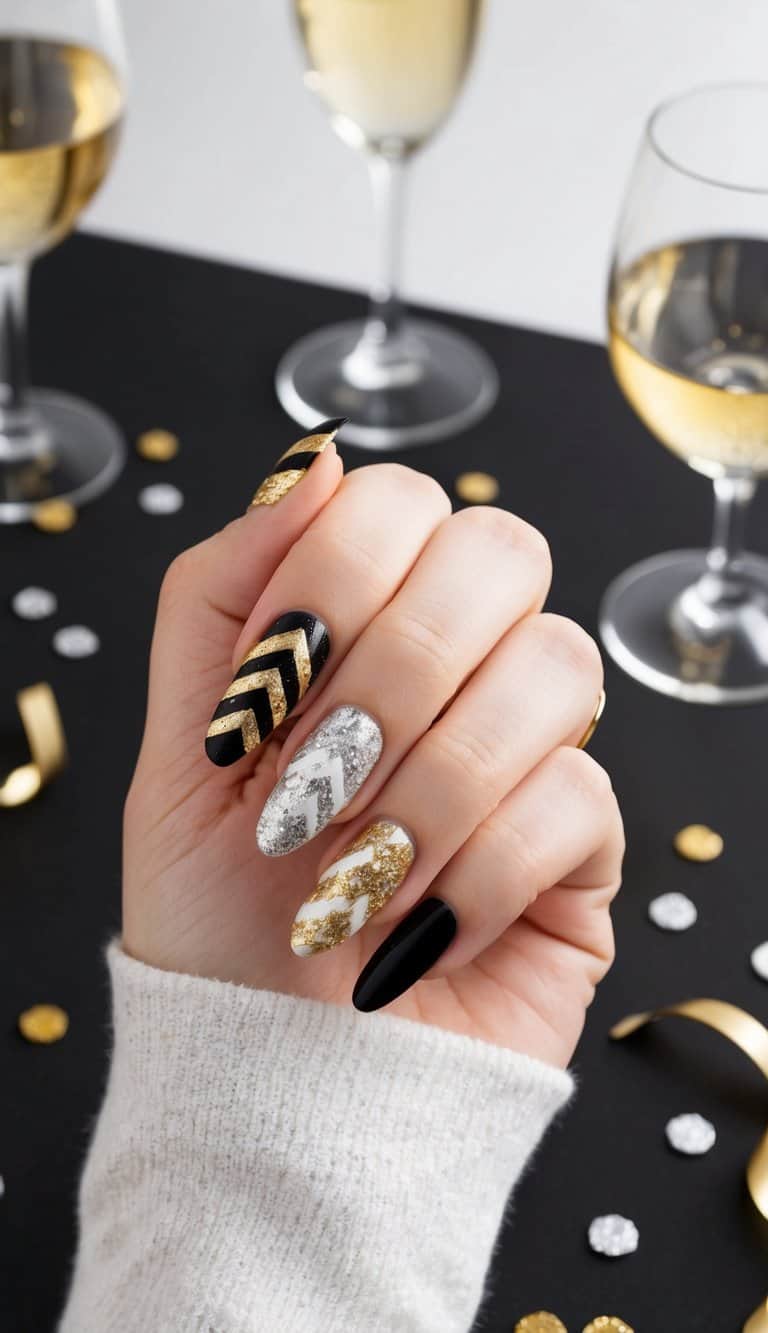 A glittering chevron nail design with metallic gold, silver, and black accents on a dark background. Sparkling confetti and champagne glasses in the background
