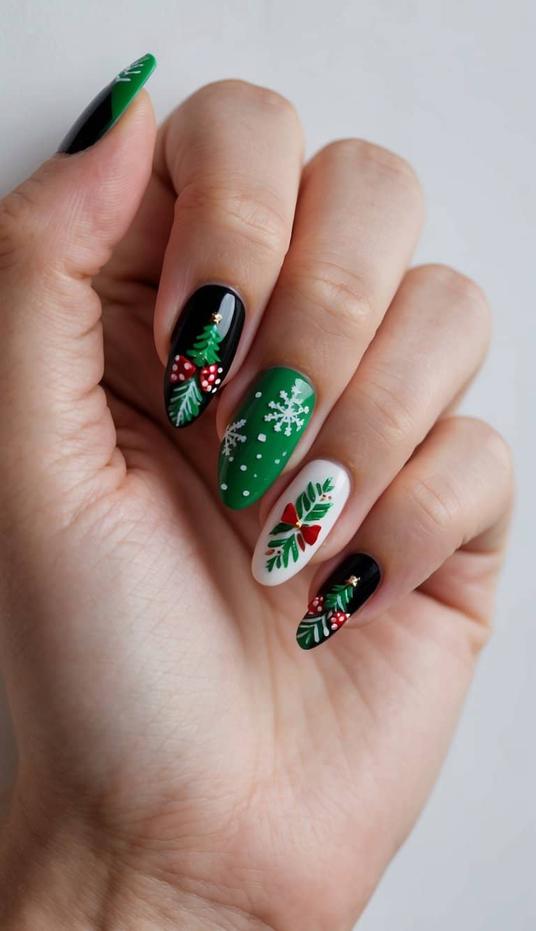 Black and green French tips with festive Christmas designs on nails