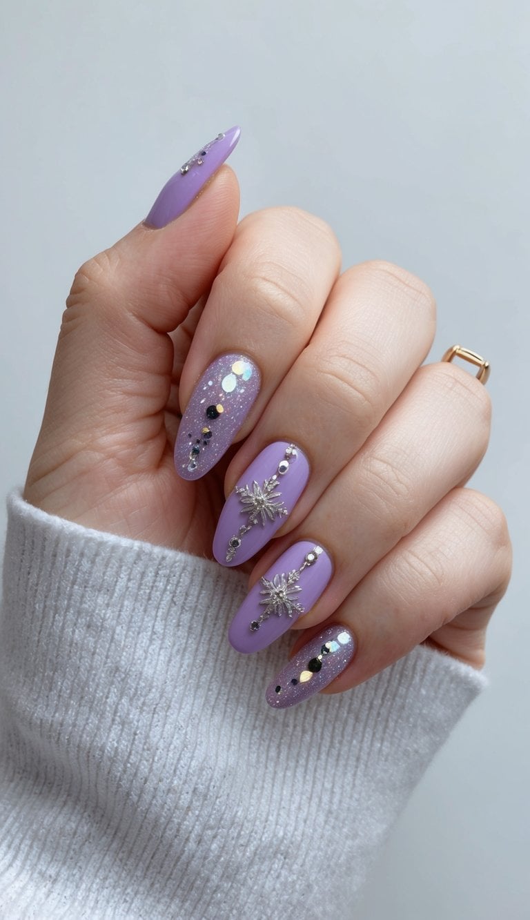 A sparkling lavender nail art design with shimmering accents and festive New Year's motifs