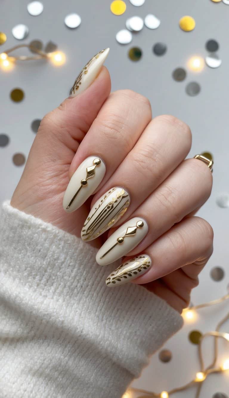 A chic ivory and gold nail art design with metallic accents and intricate patterns, set against a festive background of confetti and sparkling lights