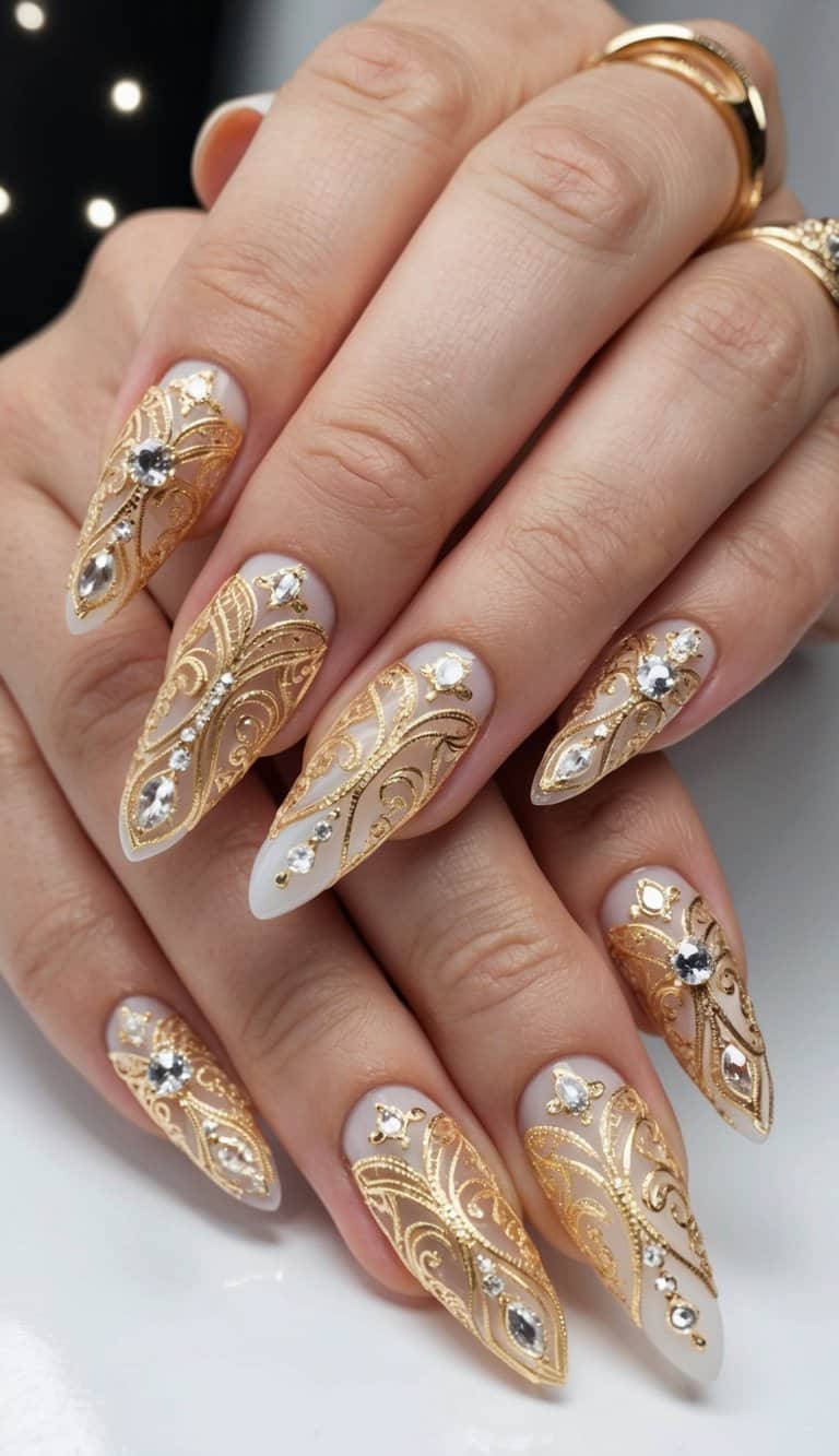 A close-up of intricate gold filigree nail art designs on a black background, with sparkling gem accents and festive New Year's motifs