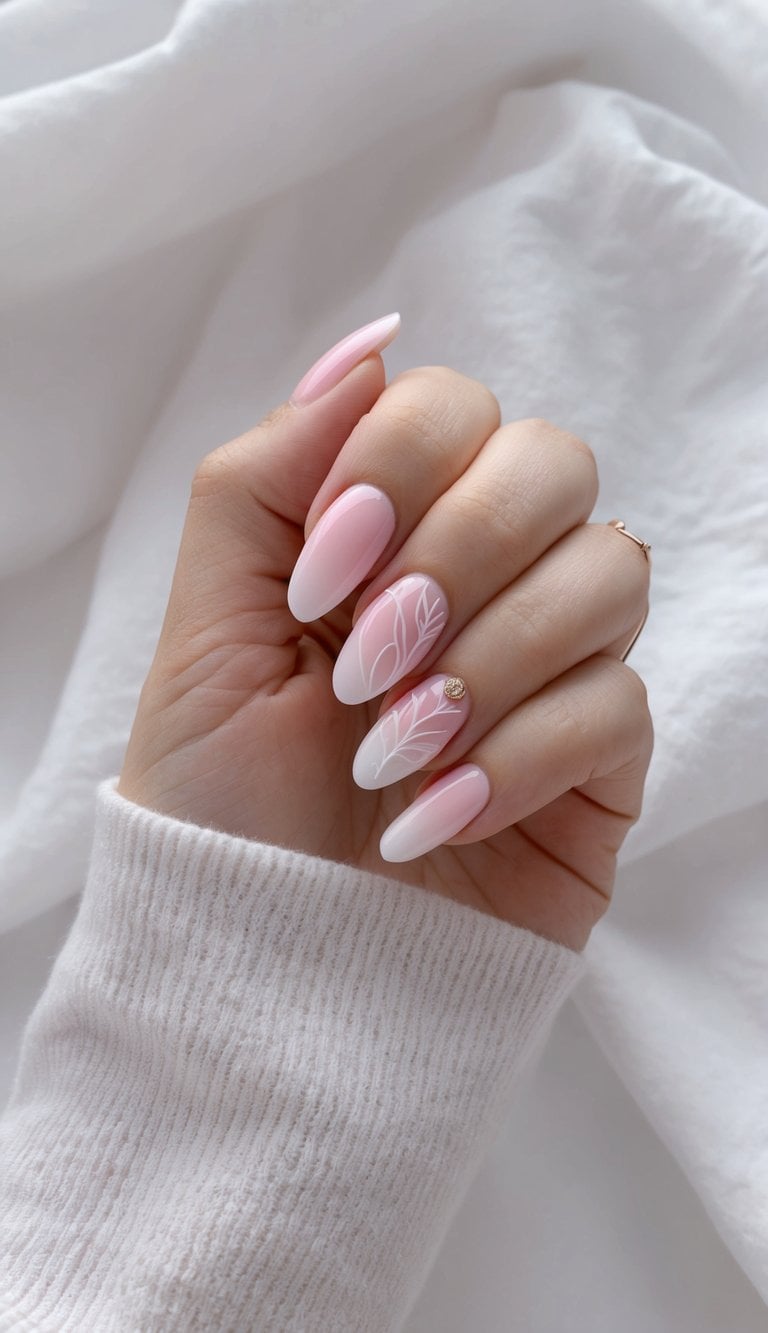 Soft pink ombre nails with delicate petal designs, set against a dreamy background