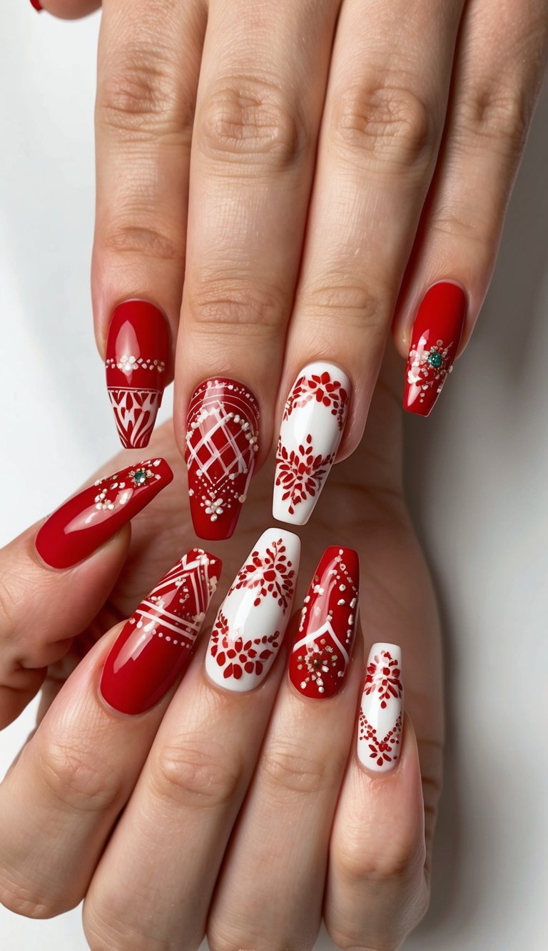 Red and white nails with festive floral designs, rhinestones, and geometric line details for a luxe winter holiday manicure.