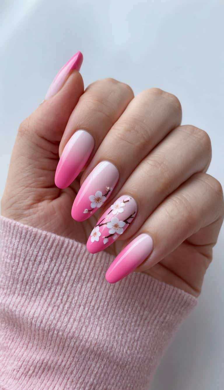 A close-up of pink ombre nails with cherry blossom accents