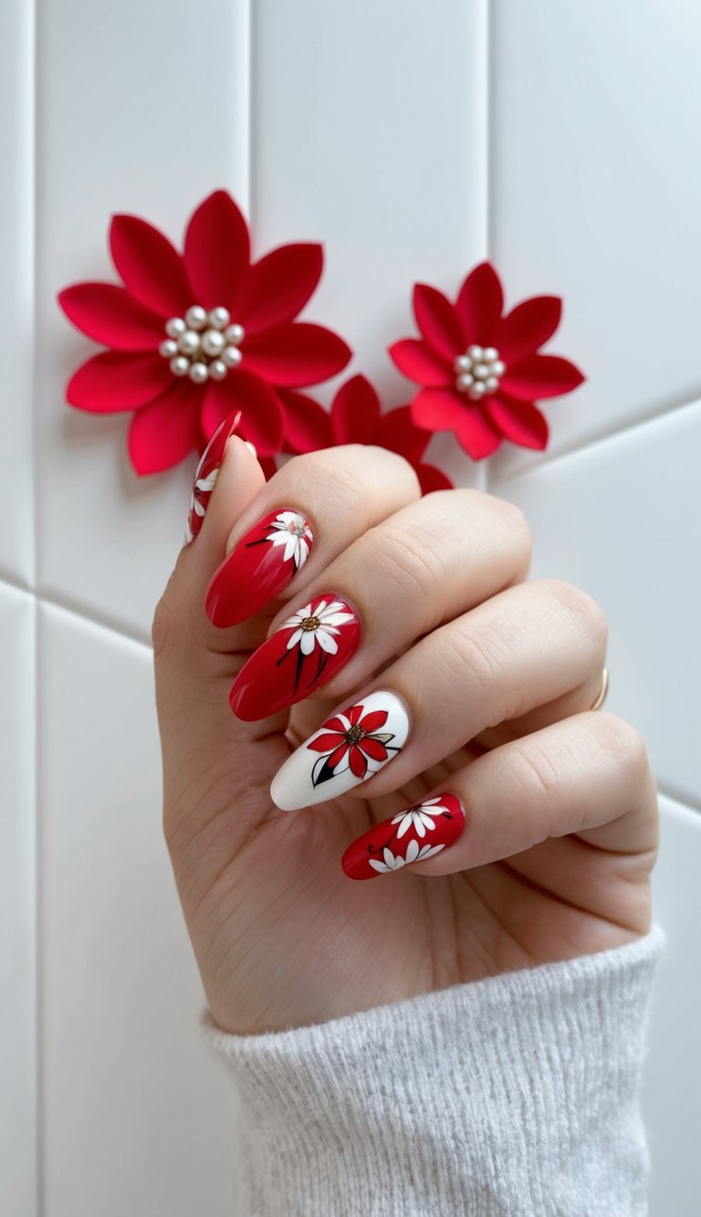 Glossy red and white manicure with hand-drawn daisies in red, white, and black, styled for a clean and elegant floral look.