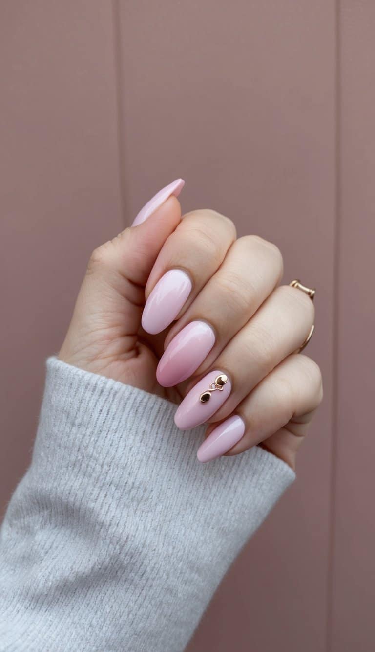 Soft pink ombre nail art displayed on a dusky rose background