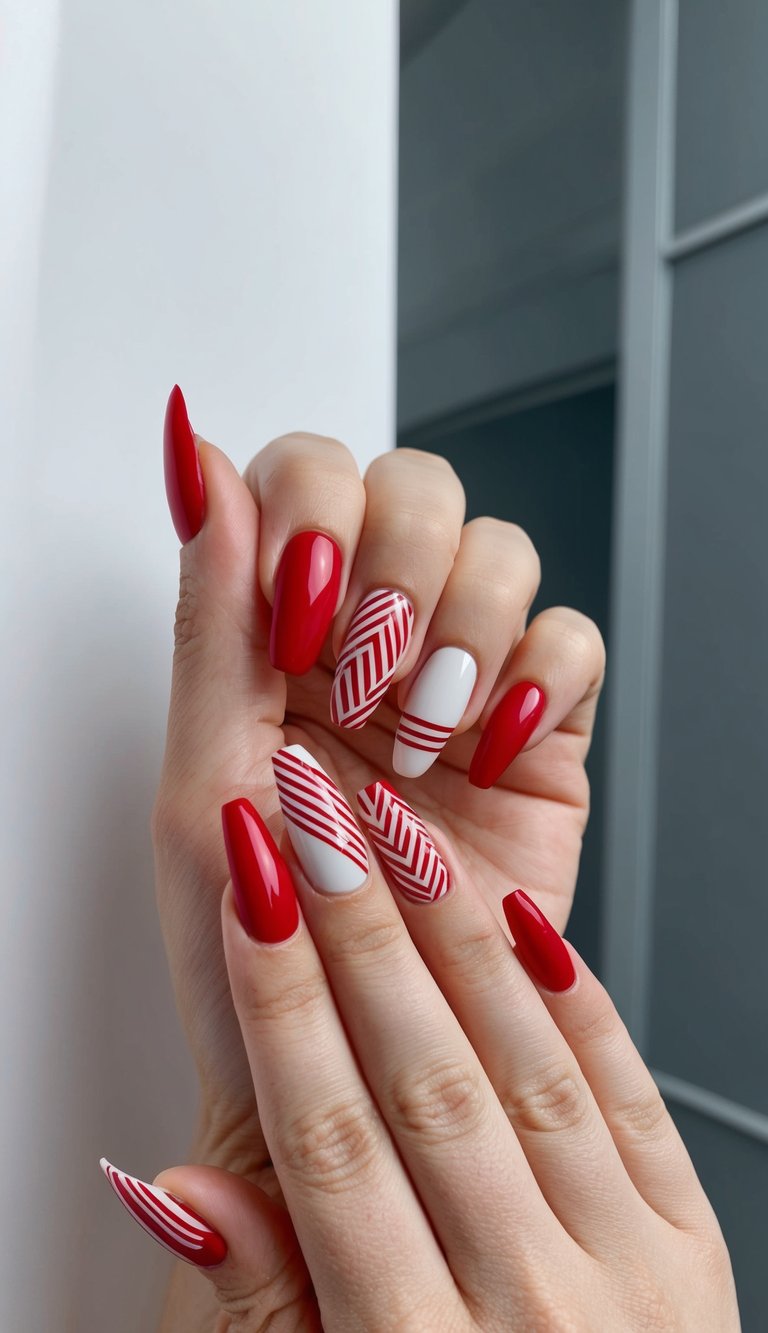 Glossy red and white nails with diagonal and double-line striping for a bold, candy-cane-inspired manicure design.