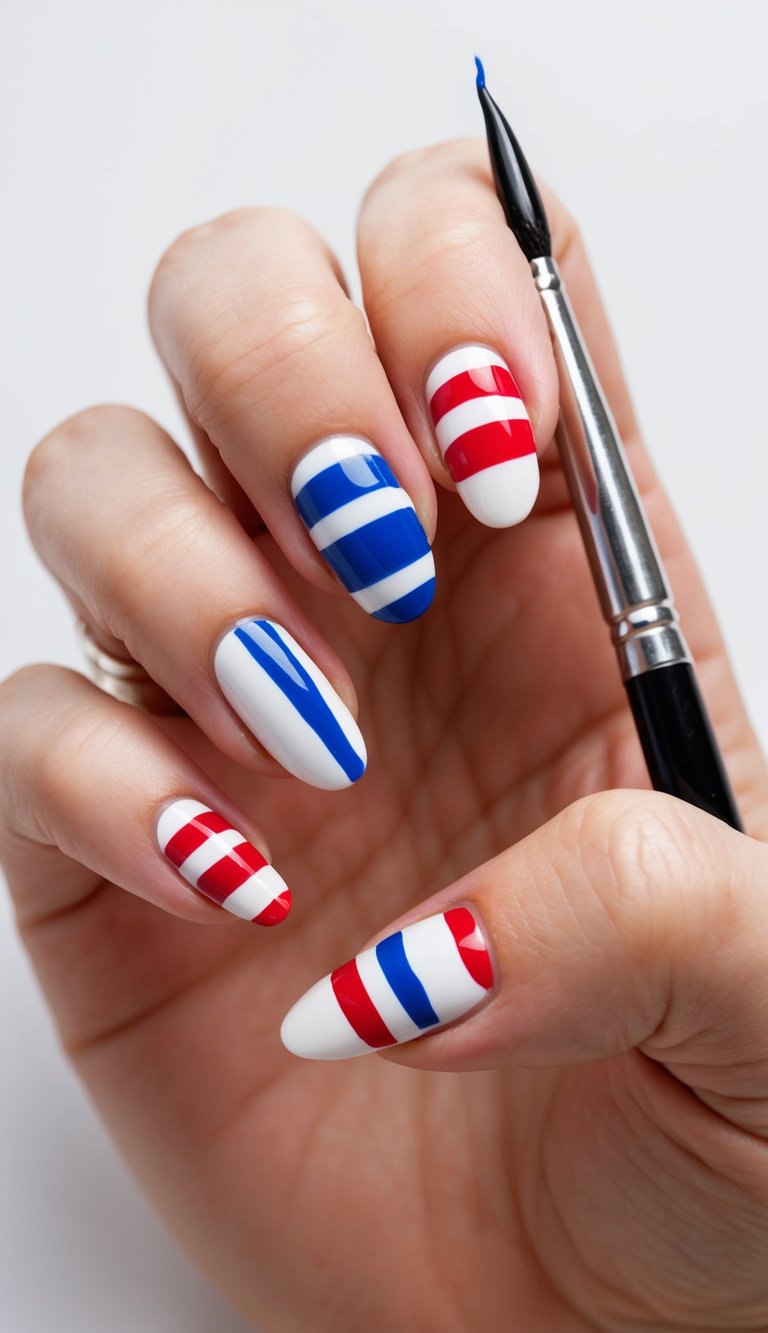 A hand holding a nail polish brush, painting red, white, and blue designs on a set of fingernails