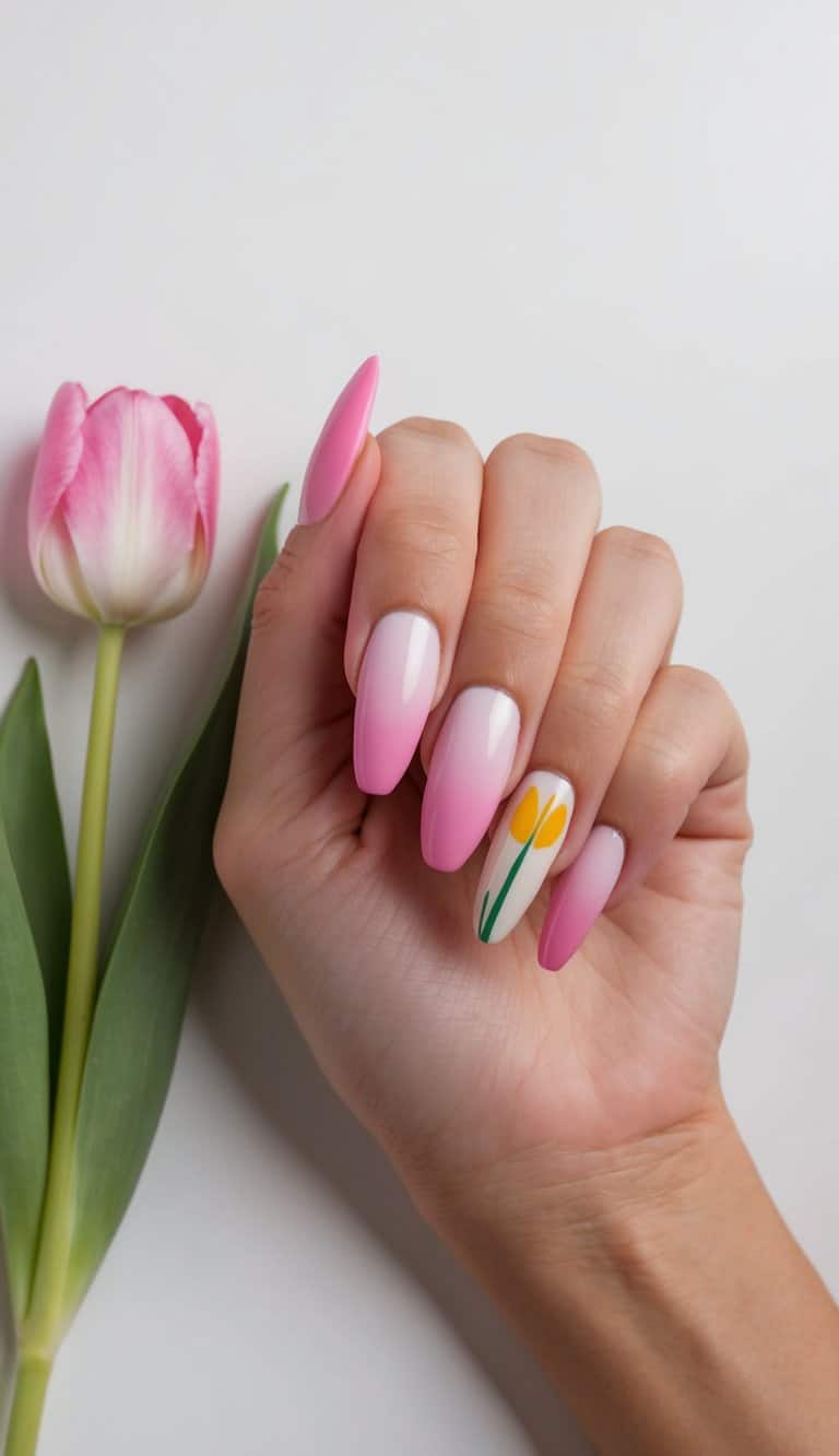 Soft pink ombre nails with tulip accents on a white background