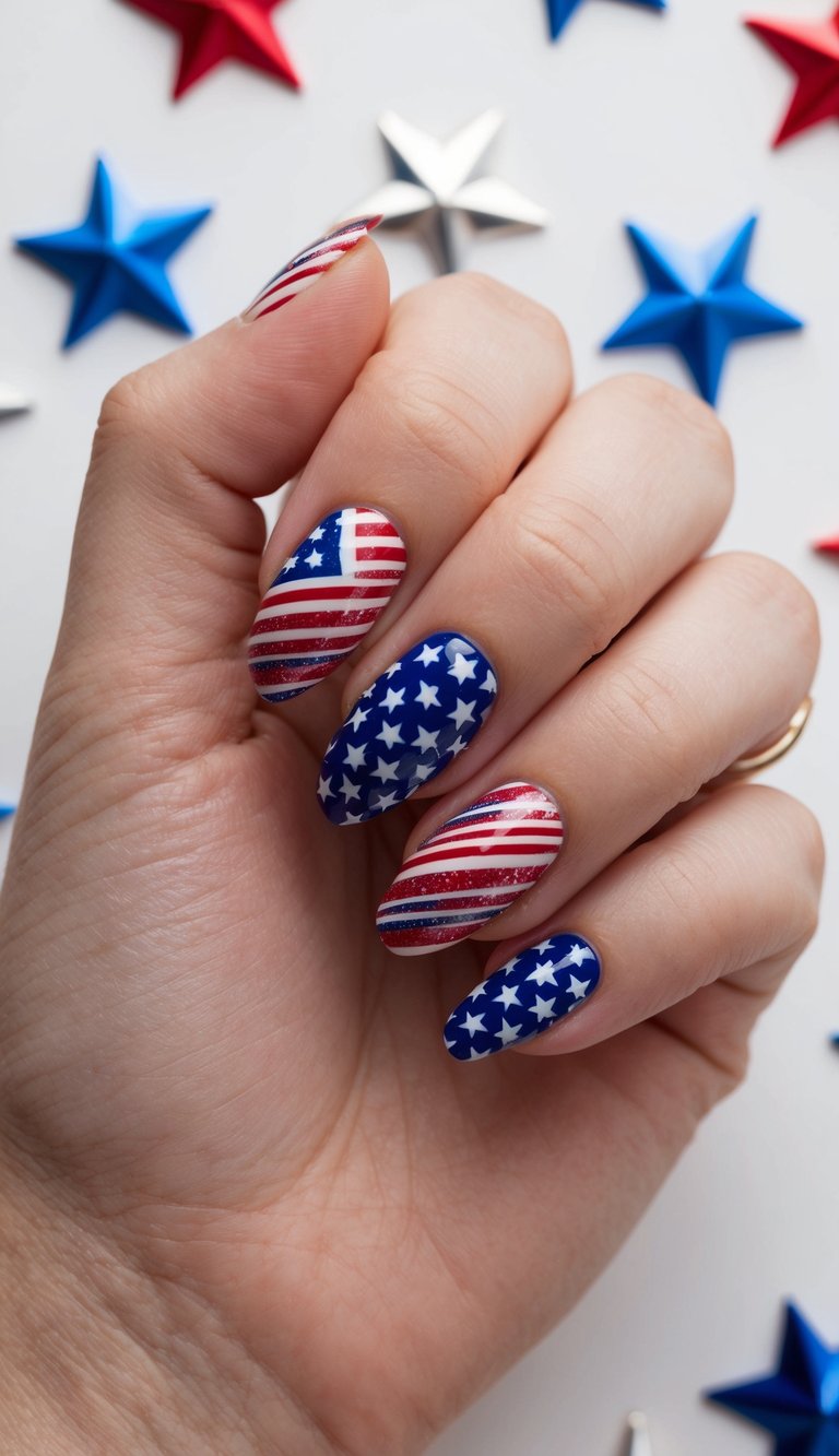 A close-up of nails with intricate American flag designs in red, white, and blue, surrounded by festive Fourth of July decorations
