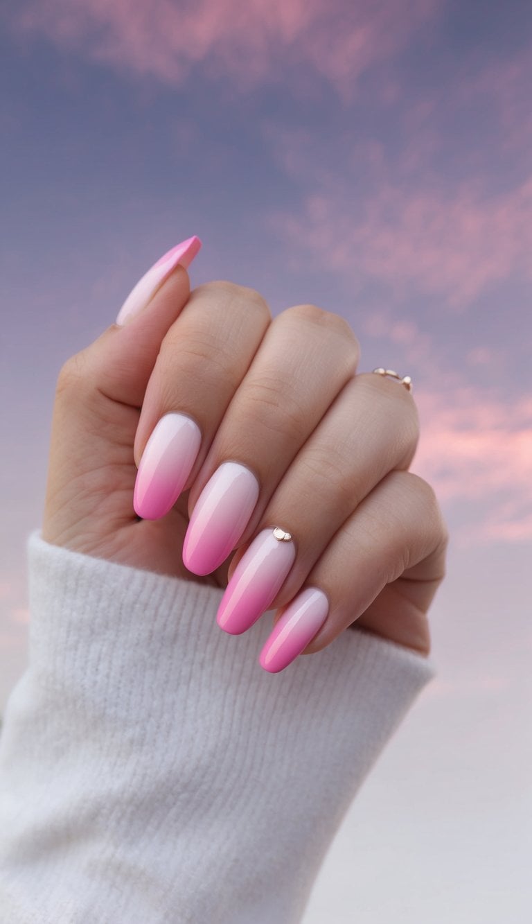Soft pink ombre nails fading from dusk to dawn against a dreamy, ethereal background