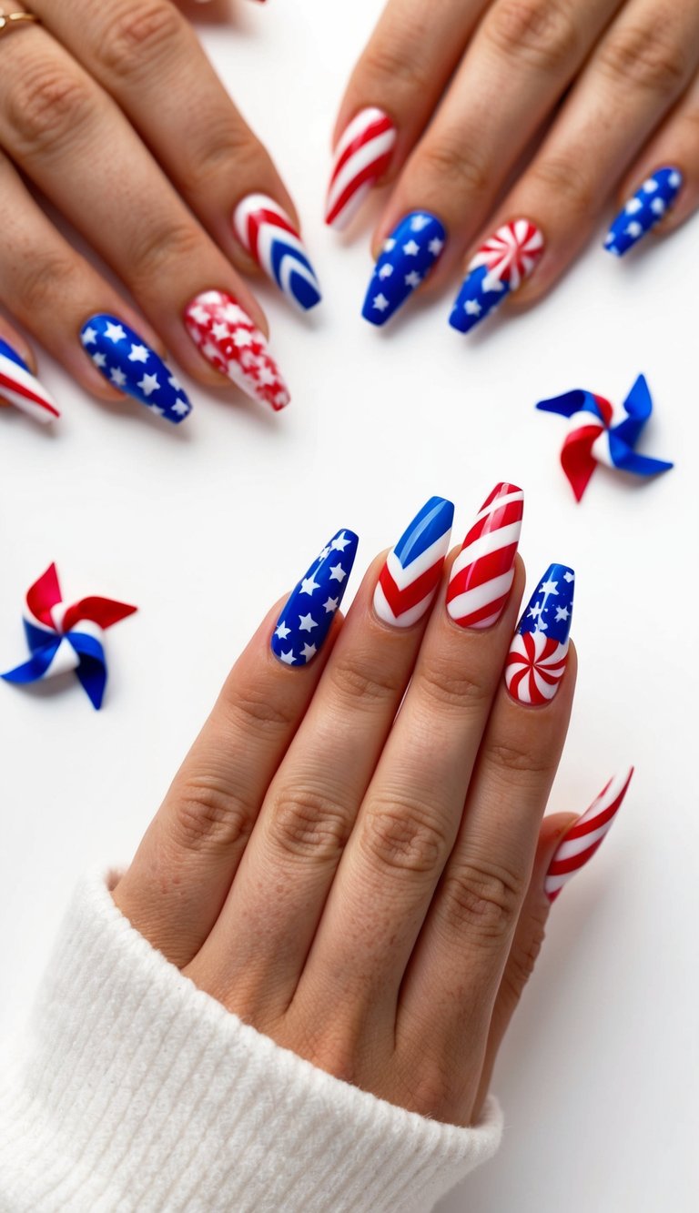 A festive display of classic pinwheel Fourth of July nail art designs