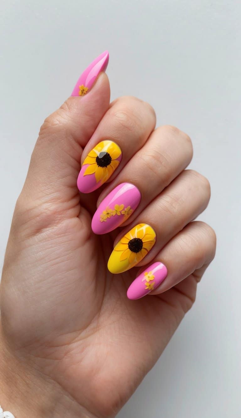 A pink sunflower nail art design with vibrant pink and yellow petals