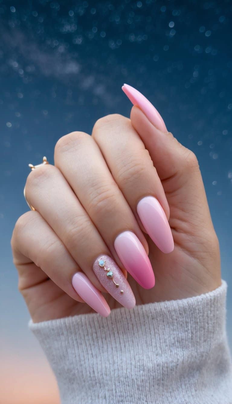 Soft pink ombre nails against a starry night sky background