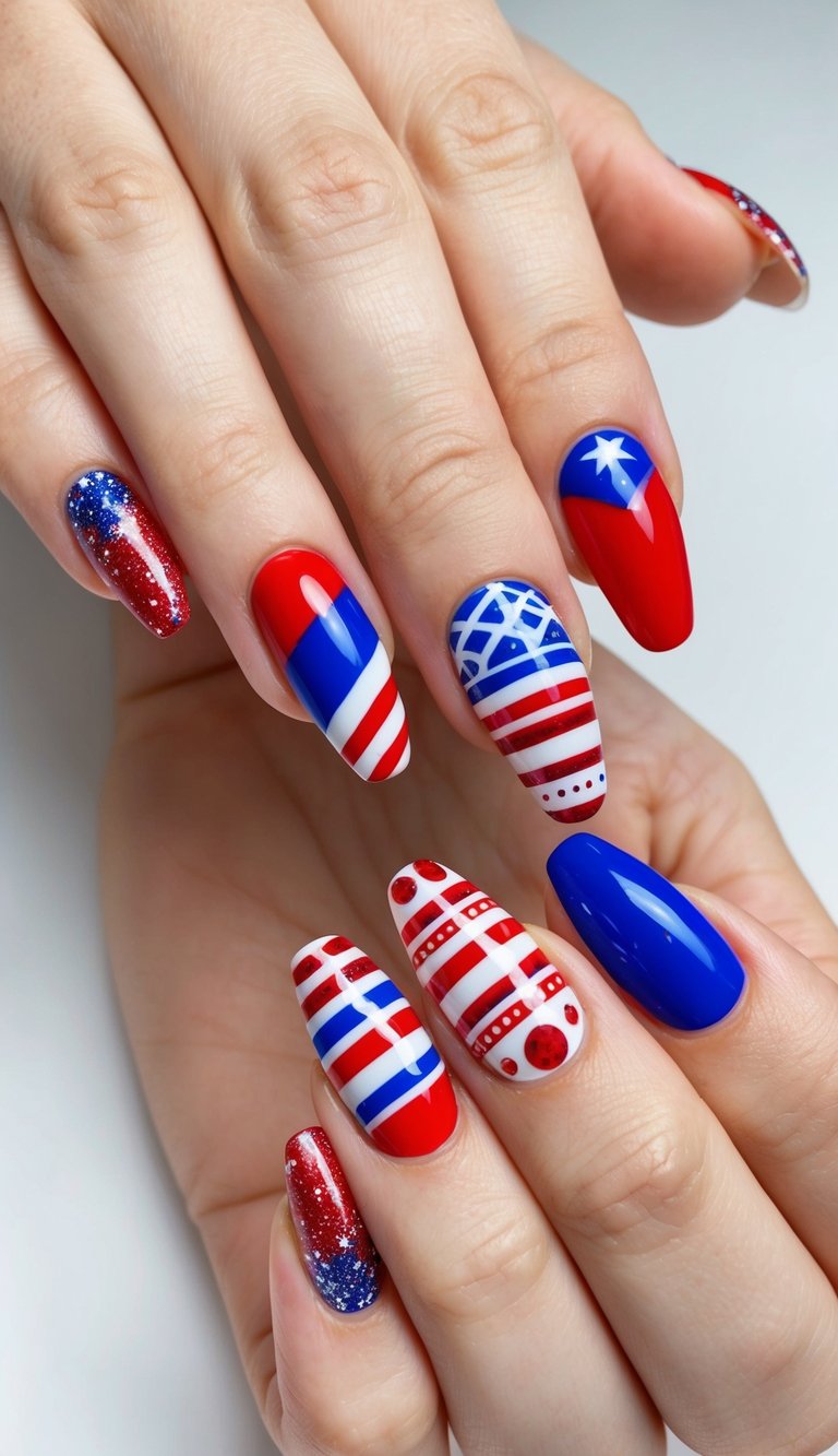 A festive nail art design featuring red, white, and blue colors in various patterns and shapes to celebrate the Fourth of July