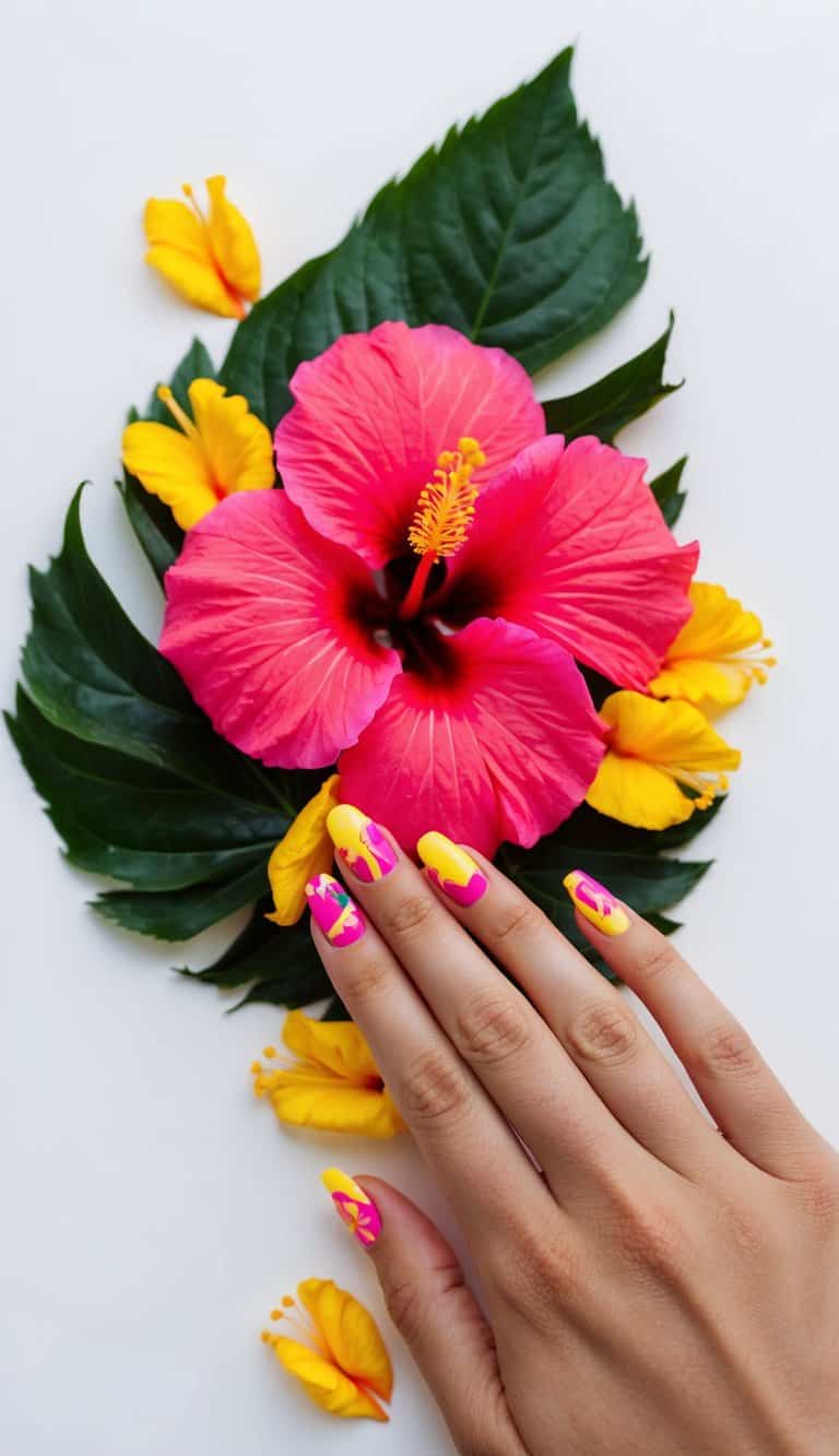 A vibrant tropical hibiscus flower surrounded by bright pink and yellow nail art designs
