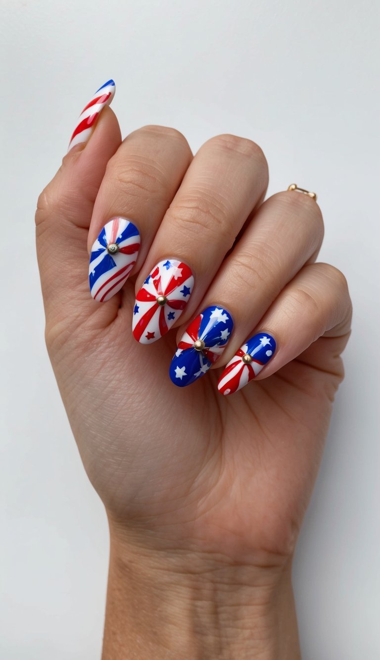 A festive Fourth of July nail art display with whimsical whirligigs and patriotic designs