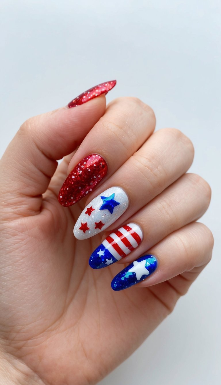 A festive Fourth of July nail art design with red, white, and blue glitter, stars, and stripes on a nail