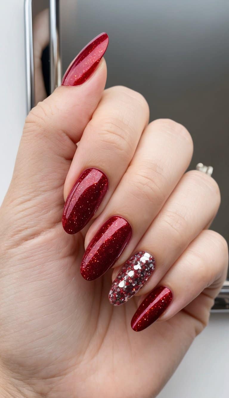 A hand with ruby red glitter nails against a chrome background, showcasing various red chrome nail art designs