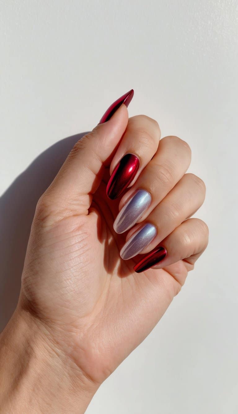 A hand holding a red chrome nail with a gradient effect, shimmering in the light