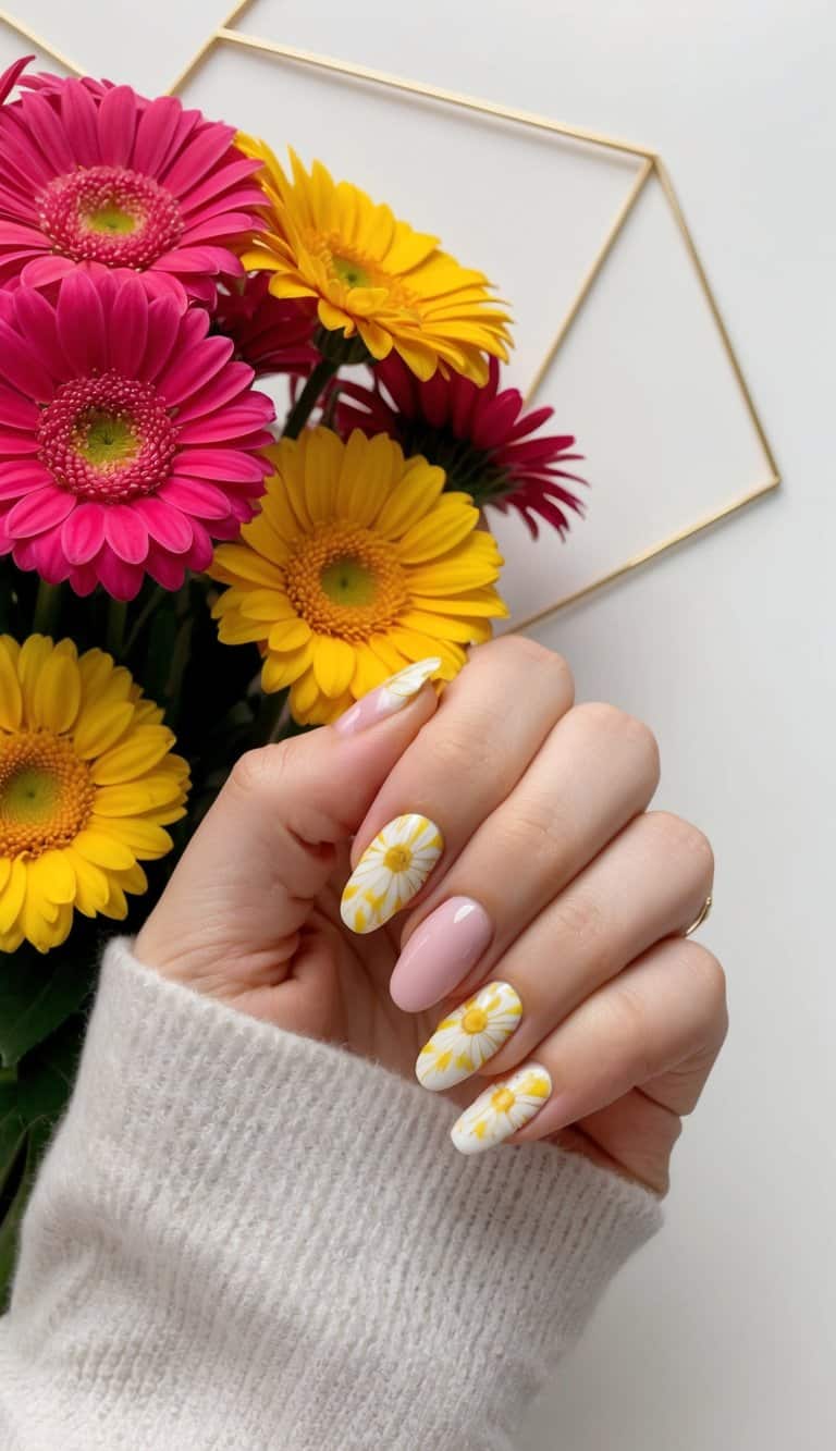 A vibrant bouquet of pink and yellow daisies against a golden background