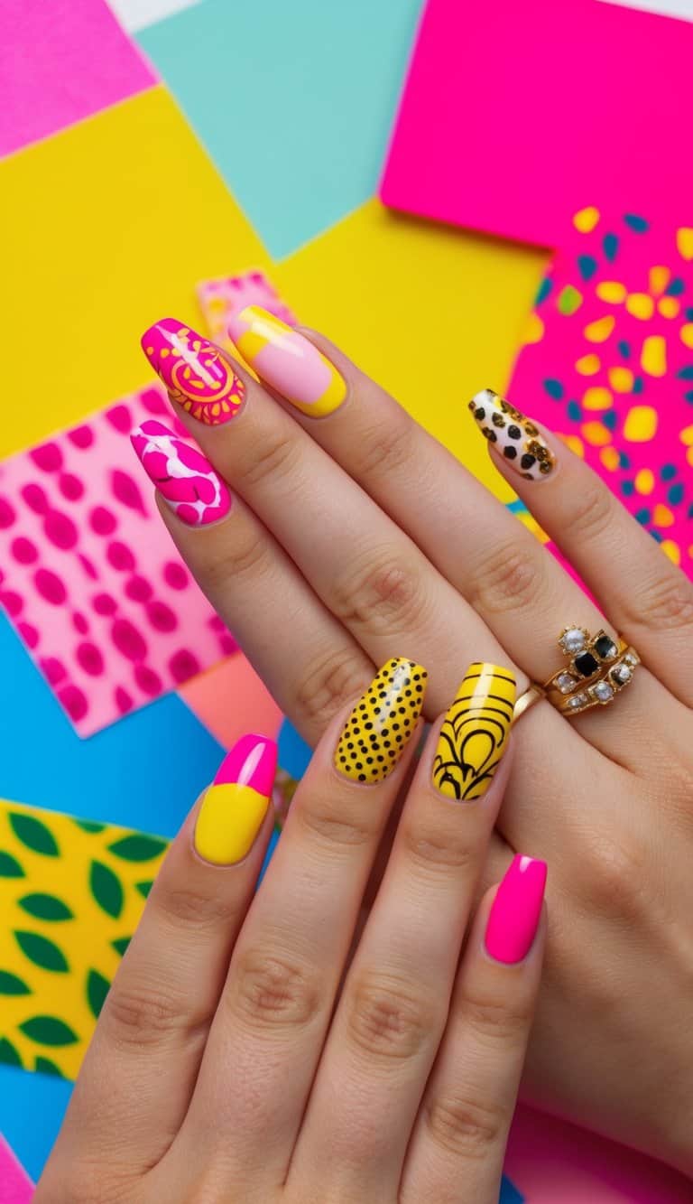 A vibrant scene with pink and yellow nail art designs arranged on a colorful background, showcasing various patterns and styles