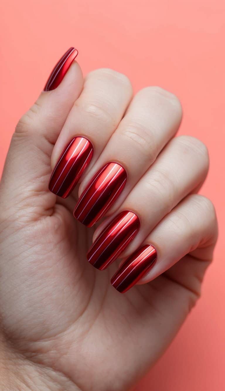 A close-up of red chrome nail art on coral background, with vertical lines and a glossy finish
