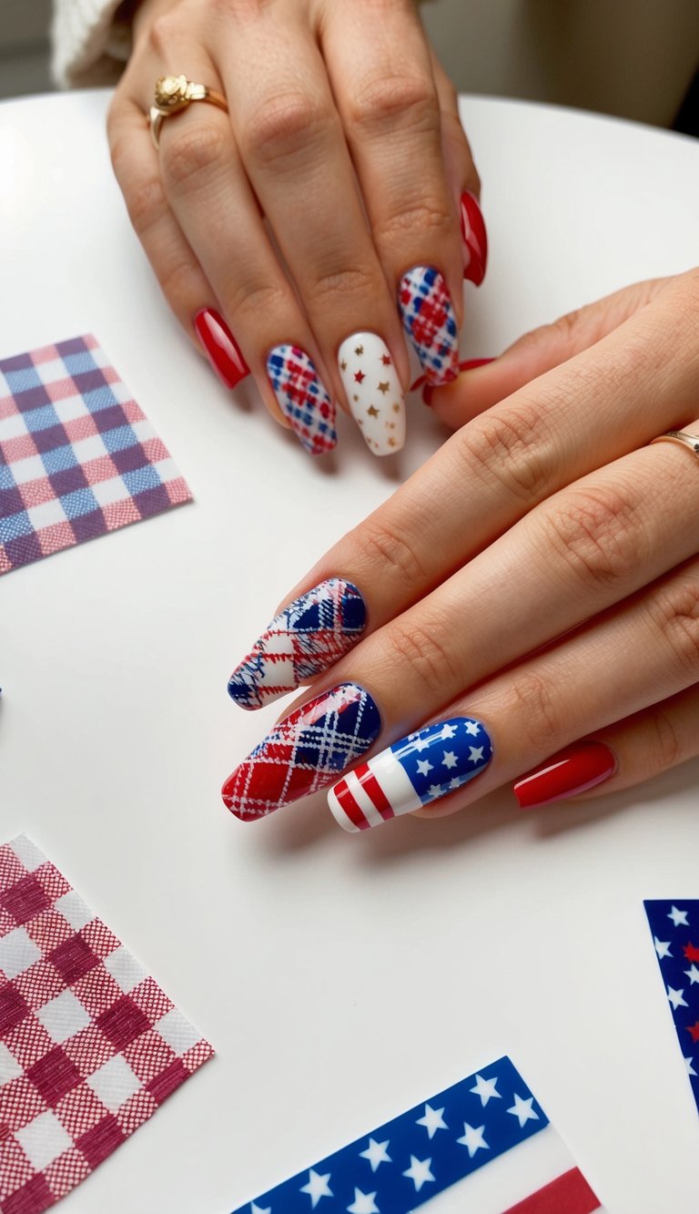 A table with various nail art designs, including festive plaid and patriotic Fourth of July themes