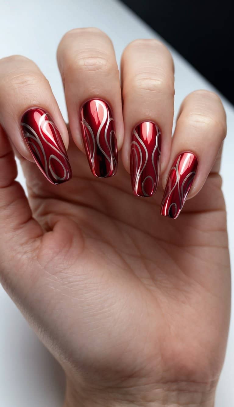 A close-up of red chrome nail art designs with swirling patterns and glossy finish