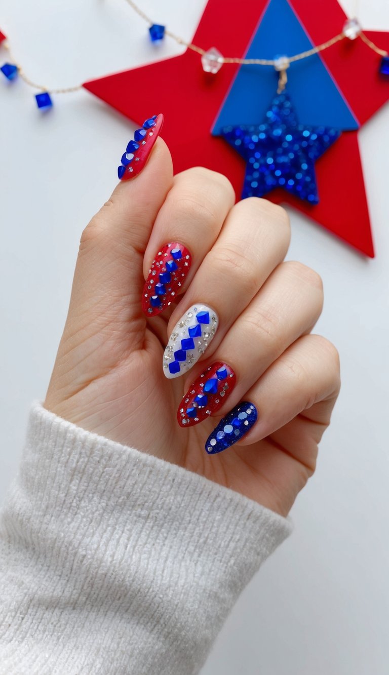 Red, white, and blue nails adorned with crystal-studded tips, set against a festive Fourth of July backdrop