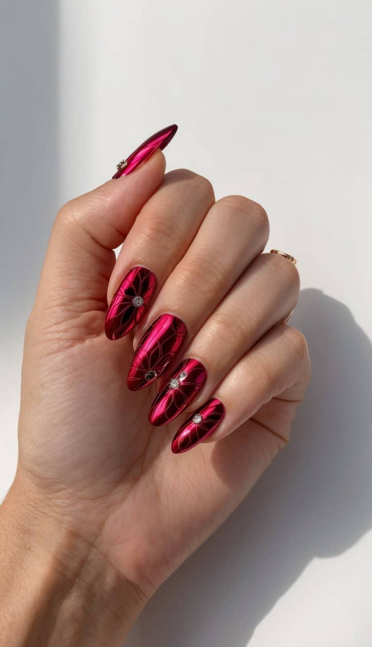 Vibrant red chrome floral patterns on nails with ruby accents