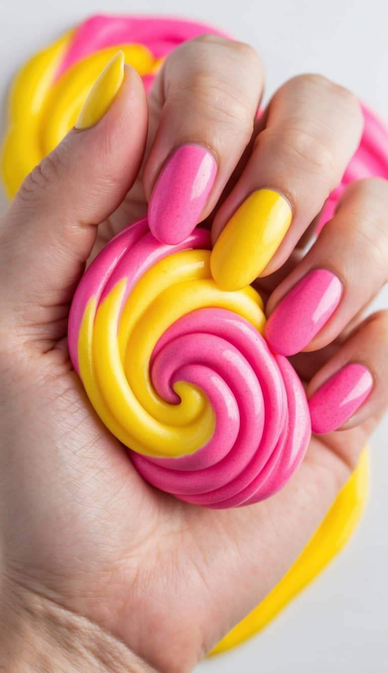 A colorful swirl of pink and yellow gelato, reminiscent of a vibrant nail art design